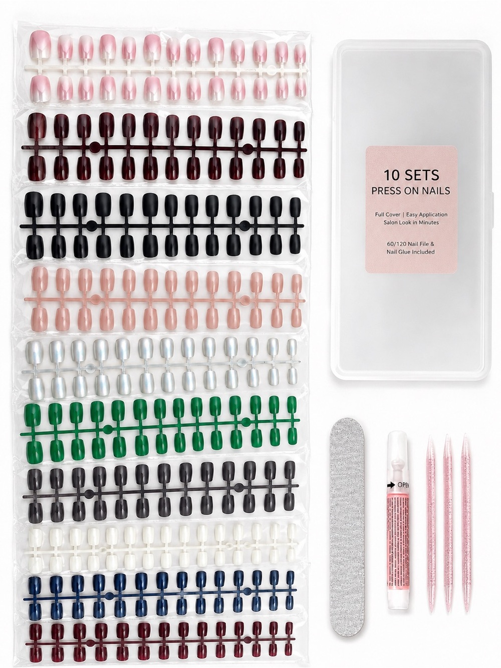 240 Full Cover 10 Sets Press-On Nails Kit Matte & Gloss.
